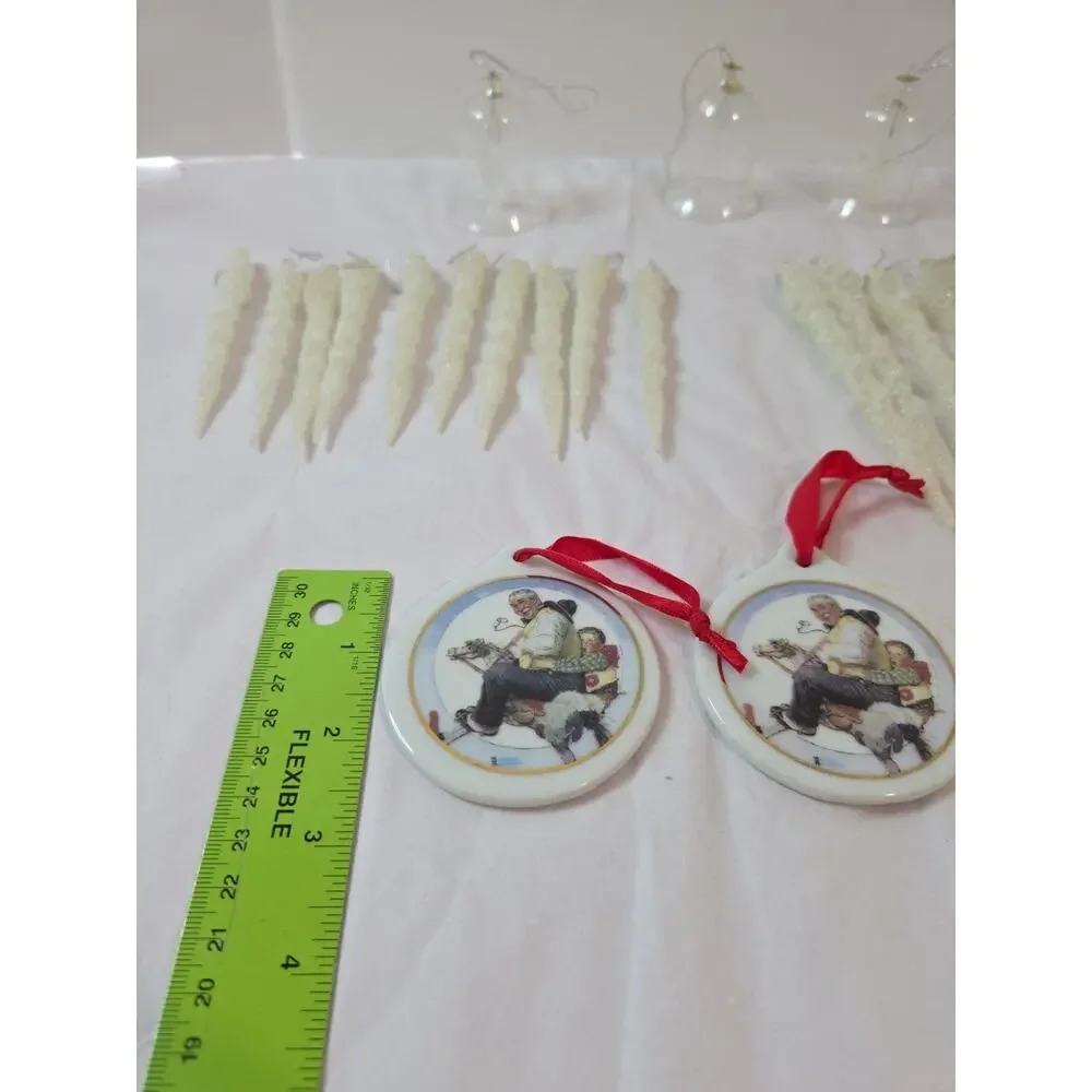 Vintage Christmas Ornaments Frosty Sparkly Icicles & 4 Glass Bells Star Angel